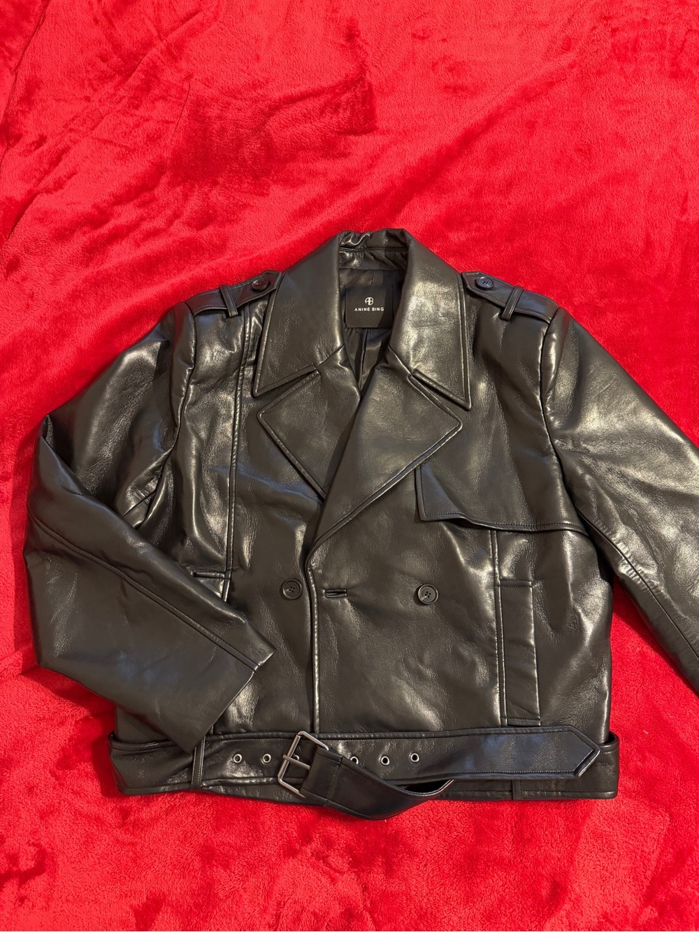 Anine Bing Black Double-Breasted Leather Trench Jacket with Belt
